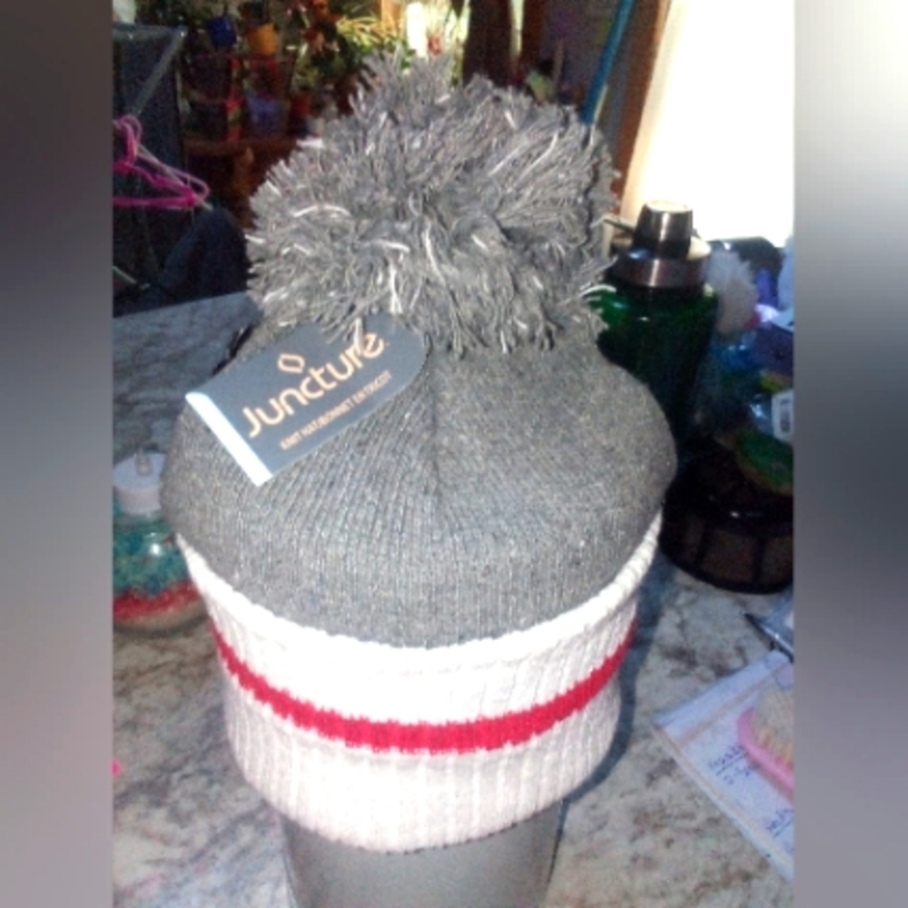 Brand new grey and white knit hat with red stripe and Pom  Sz All
